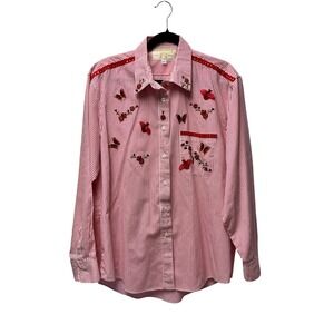 Fortune by Stan Shirt L Red Striped Butterflies Rhinestones Nature Retro Novelty